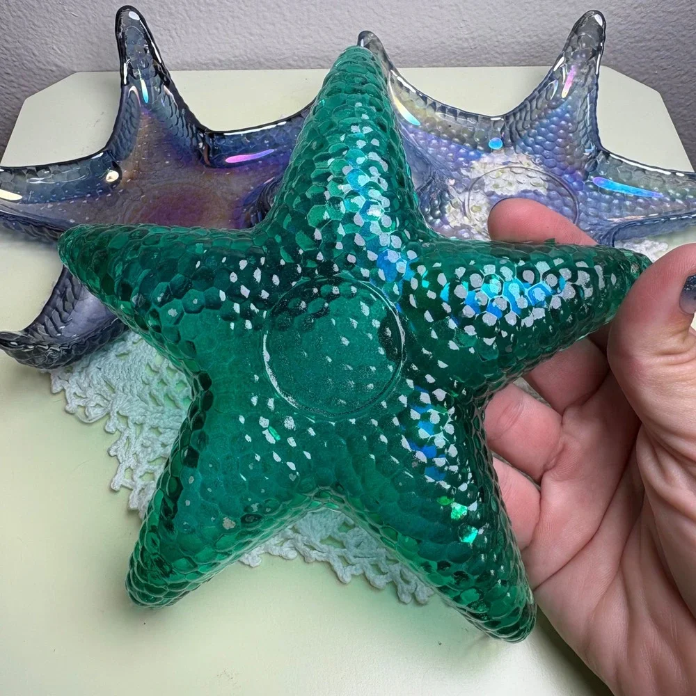 Vintage Set of 3 Blue Starfish Trinket Dish Mermaidcore Iridescent Glass